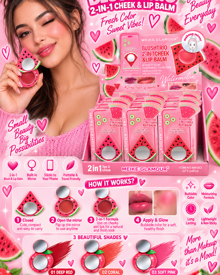 BLUSH-TRIO CHEEK & LIPS -STICK IT TO YOUR PHONE -MEIKE GLAMOUR-WATERMELON -24 PCS -MK652-(L38)