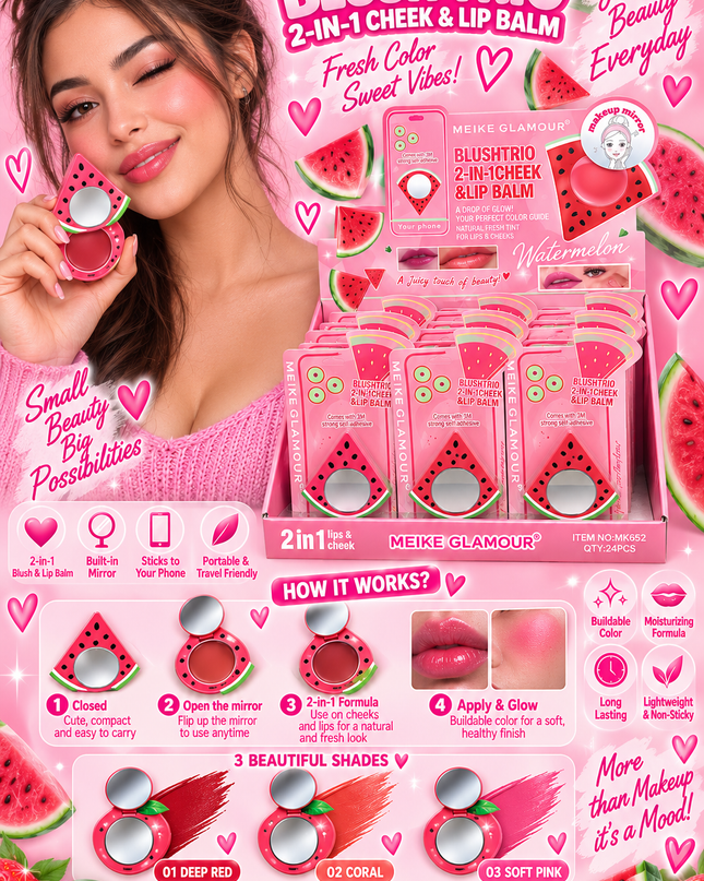 BLUSH-TRIO CHEEK & LIPS -STICK IT TO YOUR PHONE -MEIKE GLAMOUR-WATERMELON -24 PCS -MK652-(L38)