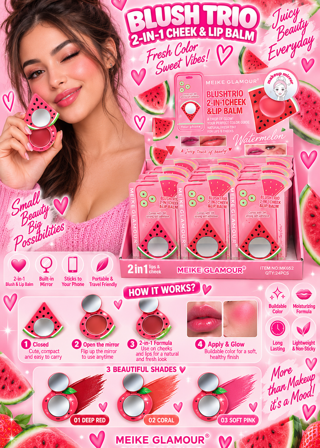 BLUSH-TRIO CHEEK & LIPS -STICK IT TO YOUR PHONE -MEIKE GLAMOUR-WATERMELON -24 PCS -MK652-(L38)
