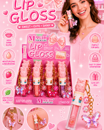 LIPGLOSS BUTTERFLY WITH KEYCHAIN - MAGIC YOUR LIFE-  12 pcs box #2667