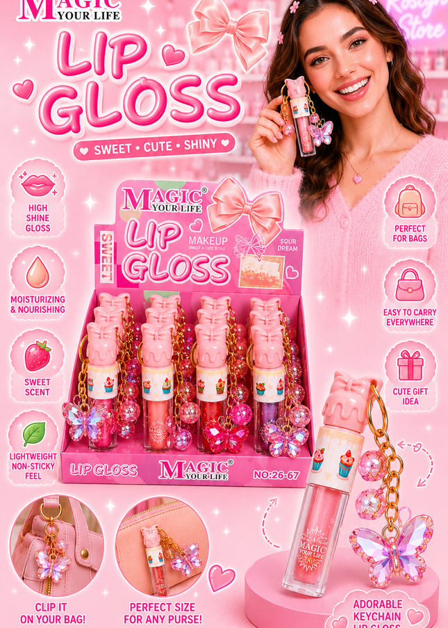 LIPGLOSS BUTTERFLY WITH KEYCHAIN - MAGIC YOUR LIFE-  12 pcs box #2667
