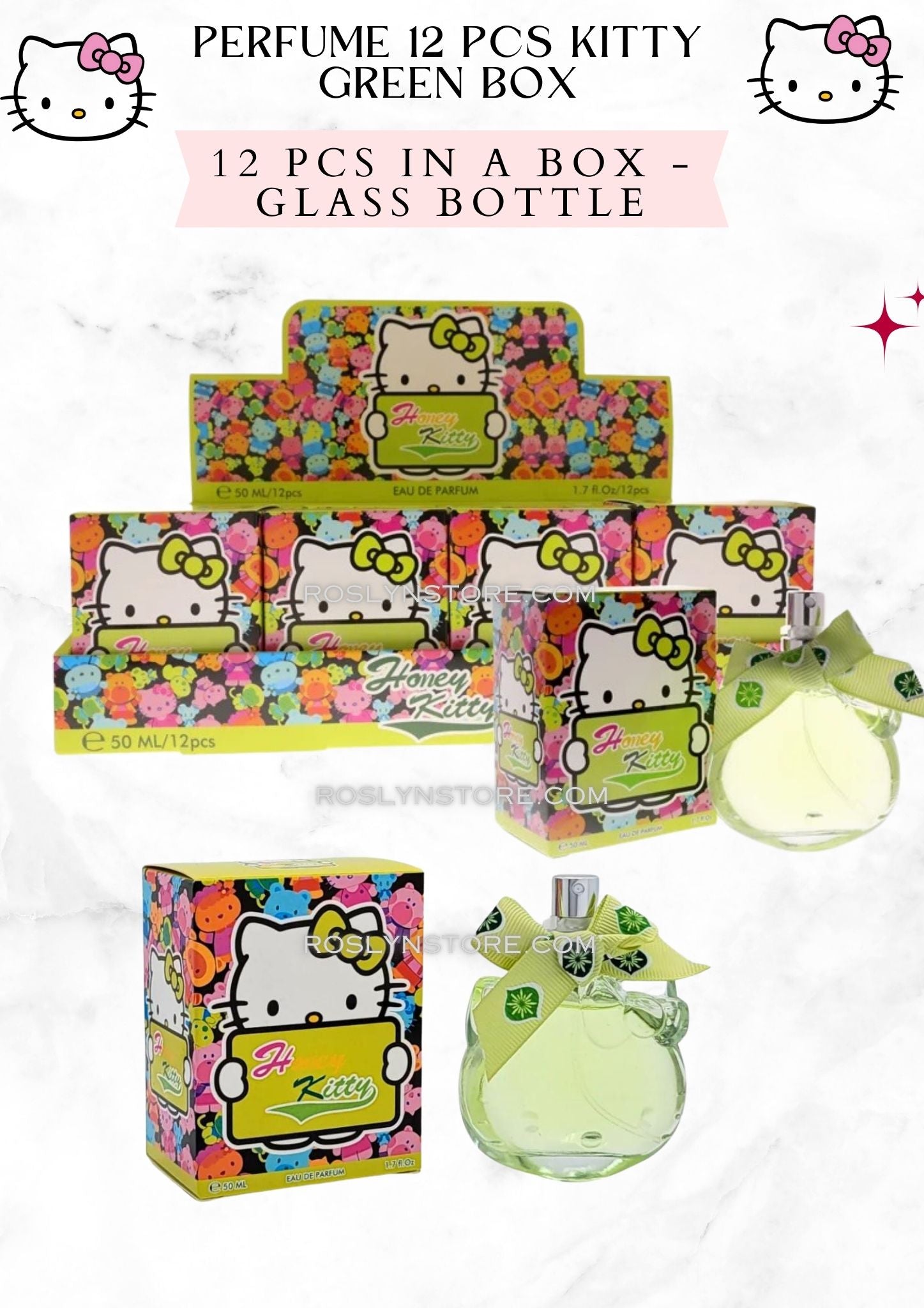 PERFUME KITTY GREEN BOX  - 12 PCS GLASS BOTTLE