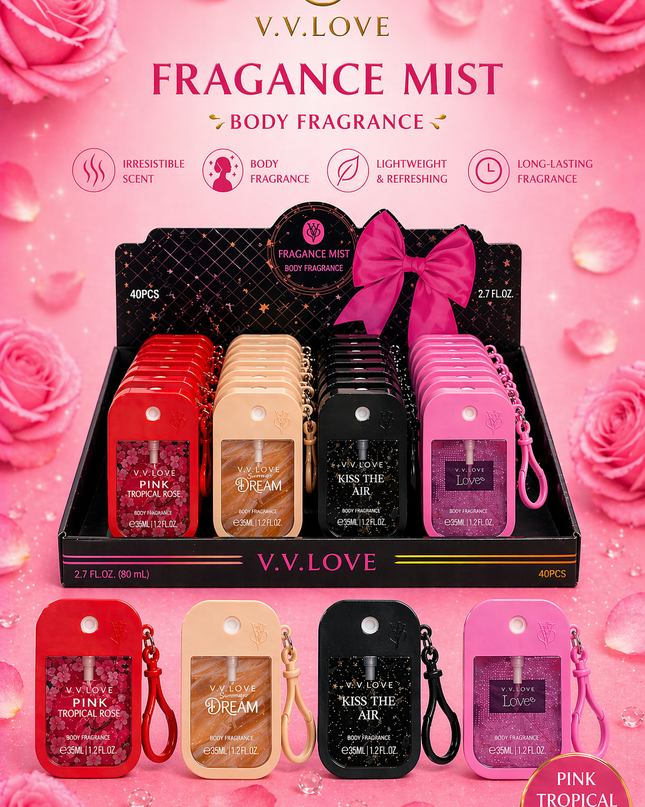 FRAGANCE MIST PERFUME WITH CASE AND KEYCHAIN STYLE BOW-  40 PCS PER BOX - 35 ml