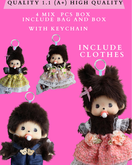 MONCHHICHI 4 MIX PLUSHIES QUALITY 1.1 (A+) HIGH QUALITY 4 MIX PCS BOX INCLUDE BAG AND BOX WITH KEYCHAIN (INCLUDE CLOTHES)