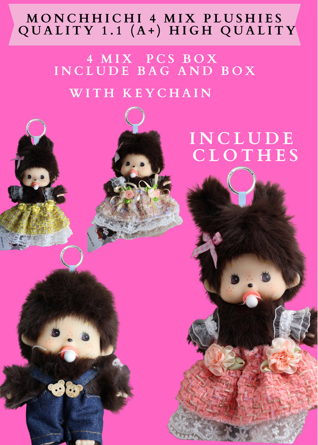 MONCHHICHI 4 MIX PLUSHIES QUALITY 1.1 (A+) HIGH QUALITY 4 MIX PCS BOX INCLUDE BAG AND BOX WITH KEYCHAIN (INCLUDE CLOTHES)