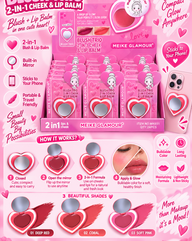 BLUSH-TRIO CHEEK & LIPS  -STICK IT TO YOUR PHONE -MEIKE GLAMOUR-LOVE -24 PCS -MK651-(L37)