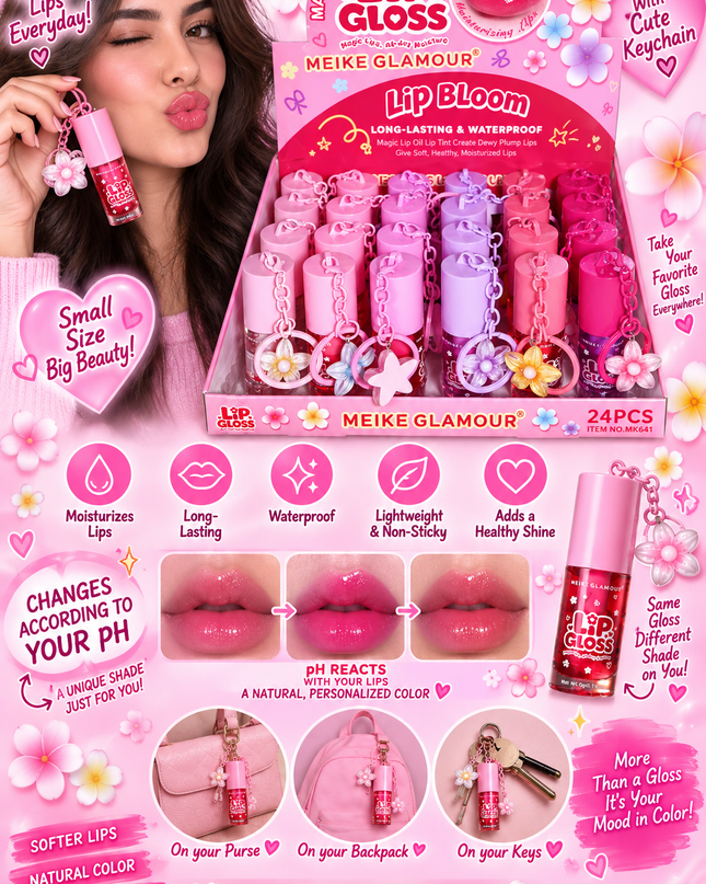 MAGIC LIP GLOSS- LIP BLOOM -MEIKE GLAMOUR  KEYCHAIN -24 PCS-L30 -MK641