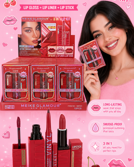 MEIKE Glamour 3 in 1 - lipstick matte - lipgloss matte & lip liner ( 12 set box) #MK541