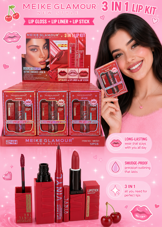 MEIKE Glamour 3 in 1 - lipstick matte - lipgloss matte & lip liner ( 12 set box) #MK541