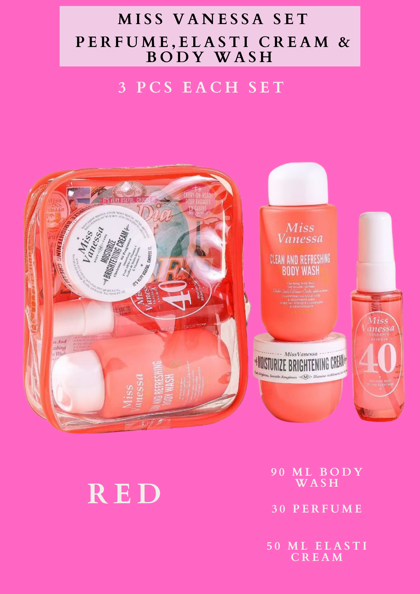 MISS VANESSA TRAVEL SET PERFUME, ELASTI CREAM & BODY WASH (BUNDLE 4 SET )- EACH SET HAVE 3 PCS