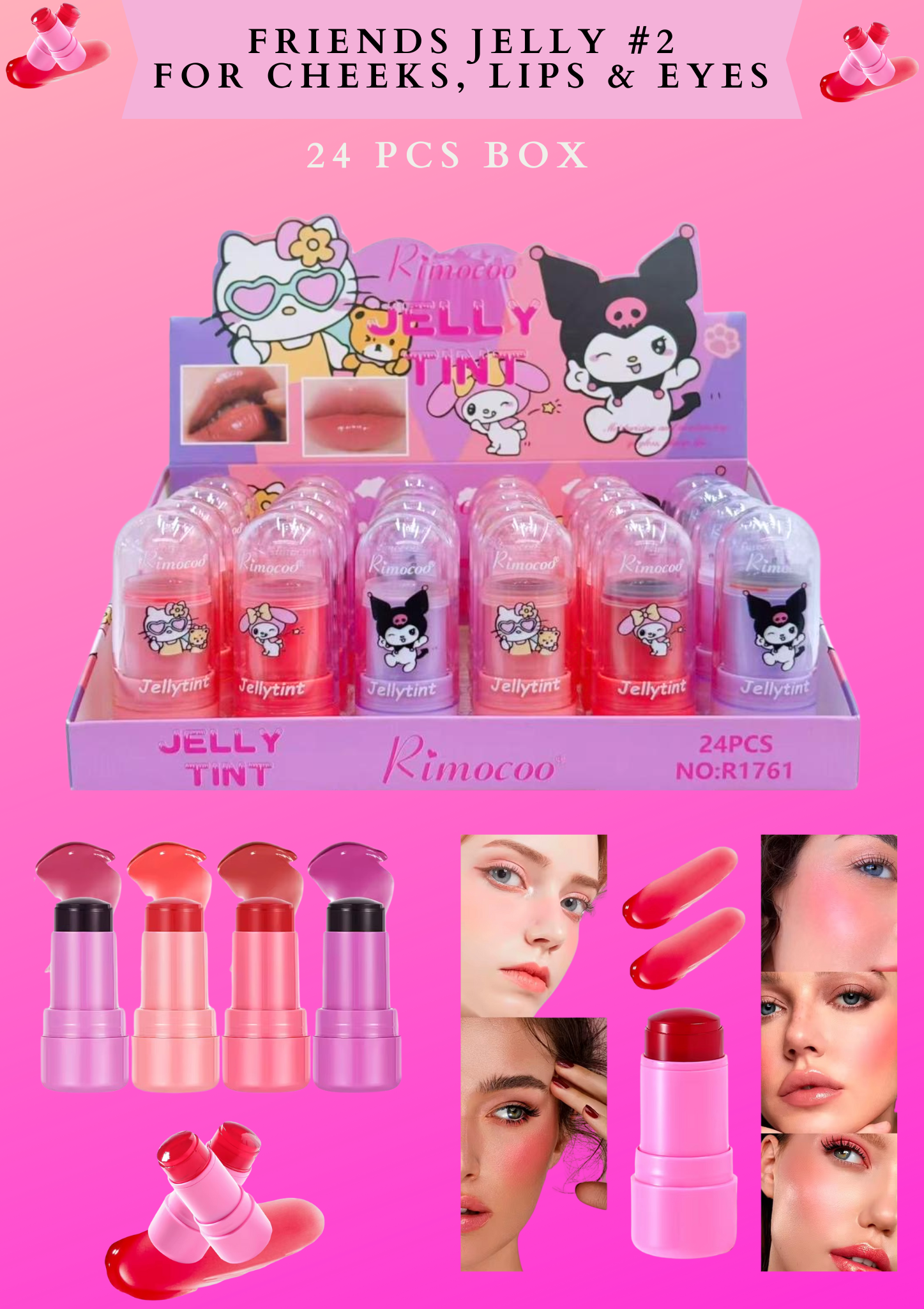 FRIENDS JELLY #2(clear top) (24 PCS BOX) - for lips , cheeks and eyes ( multiuse )