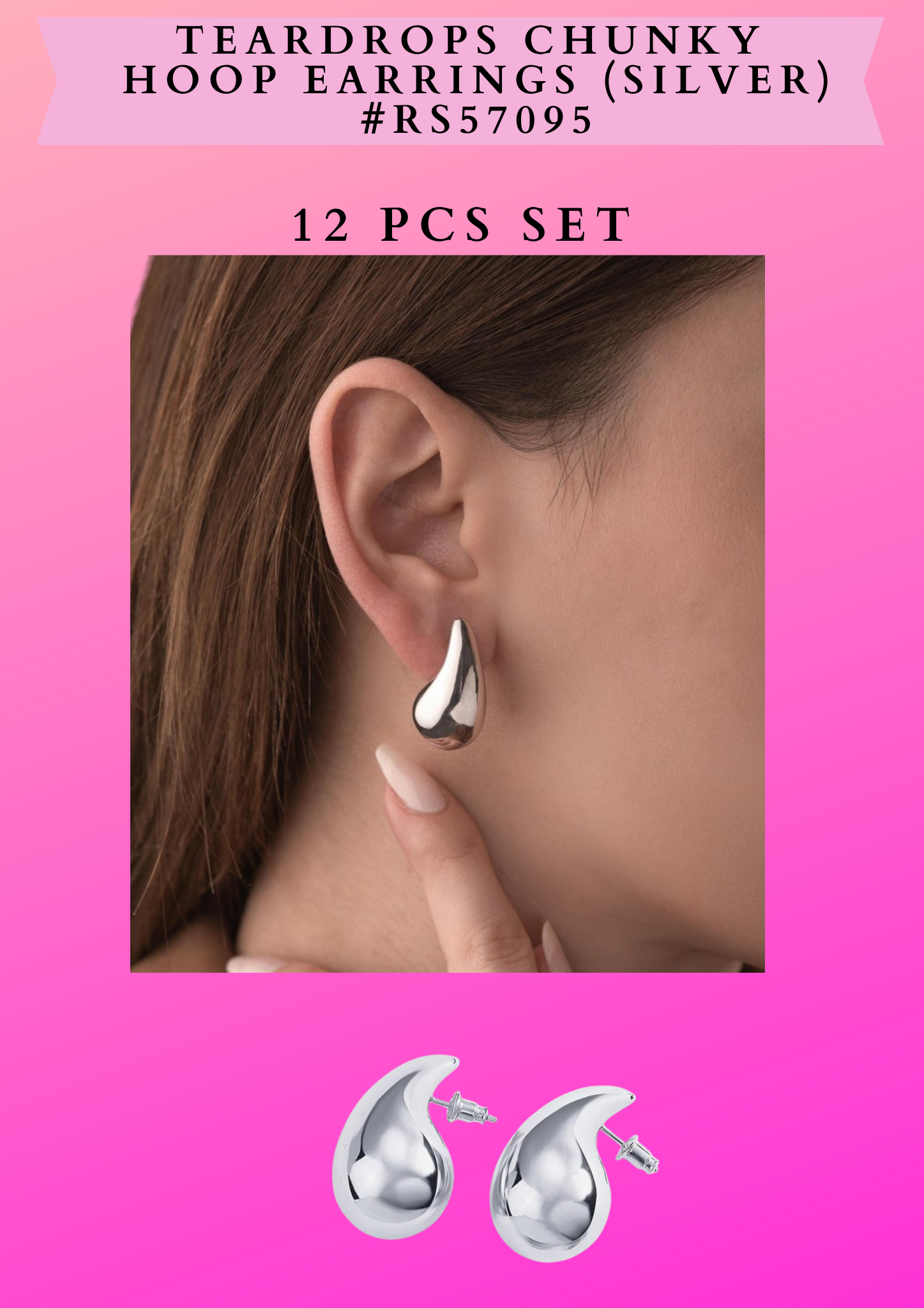 TEARDROPS CHUNKY HOOP EARRINGS (SILVER) #RS57095 - 12 PCS SET