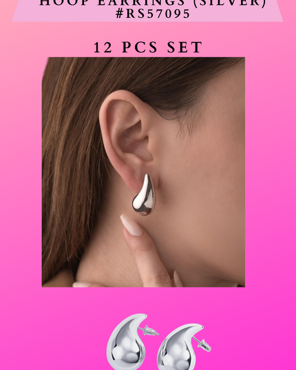 TEARDROPS CHUNKY HOOP EARRINGS (SILVER) #RS57095 - 12 PCS SET