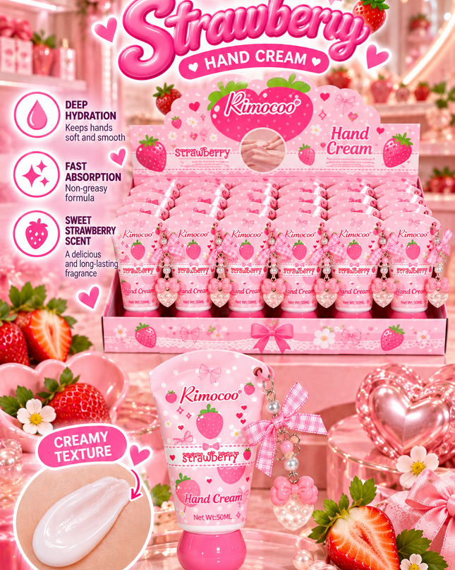 HANDS CREAM WITH KEYCHAIN -STRAWBERRY pink  -RIMOCOO-24 PCS-Cod (R9441)