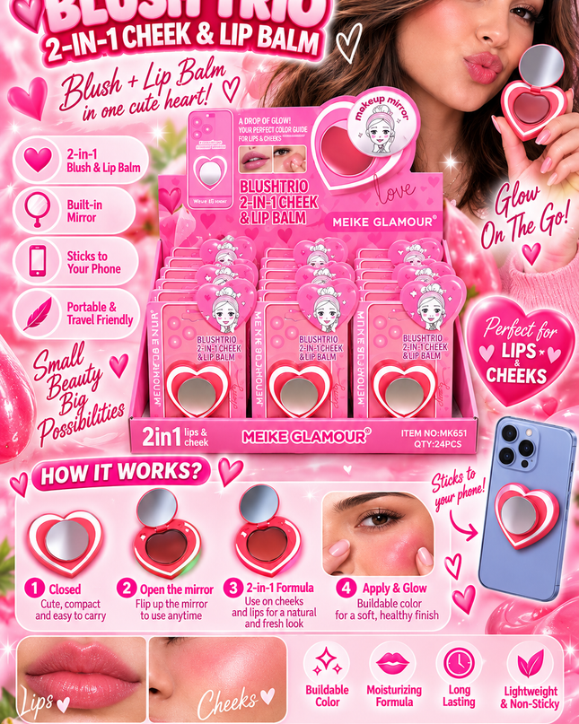 BLUSH-TRIO CHEEK & LIPS  -STICK IT TO YOUR PHONE -MEIKE GLAMOUR-LOVE -24 PCS -MK651-(L37)