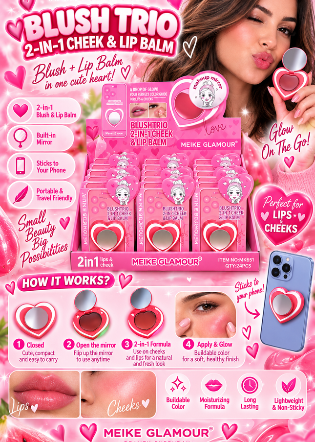 BLUSH-TRIO CHEEK & LIPS  -STICK IT TO YOUR PHONE -MEIKE GLAMOUR-LOVE -24 PCS -MK651-(L37)