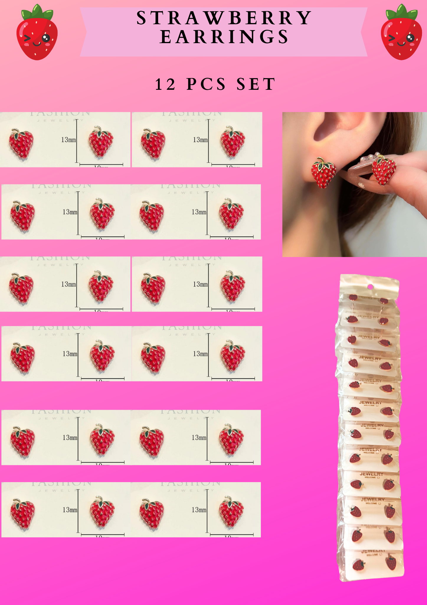 STRAWBERRY EARRINGS - 12 PCS SET