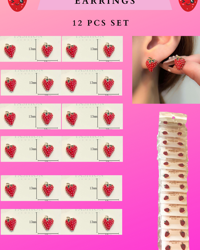 STRAWBERRY EARRINGS - 12 PCS SET