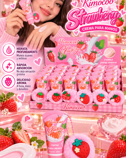 HAND CREAM WITH KEYCHAIN -STRAWBERRY POMPOM -RIMOCOO-24 PCS-Cod (R9129)