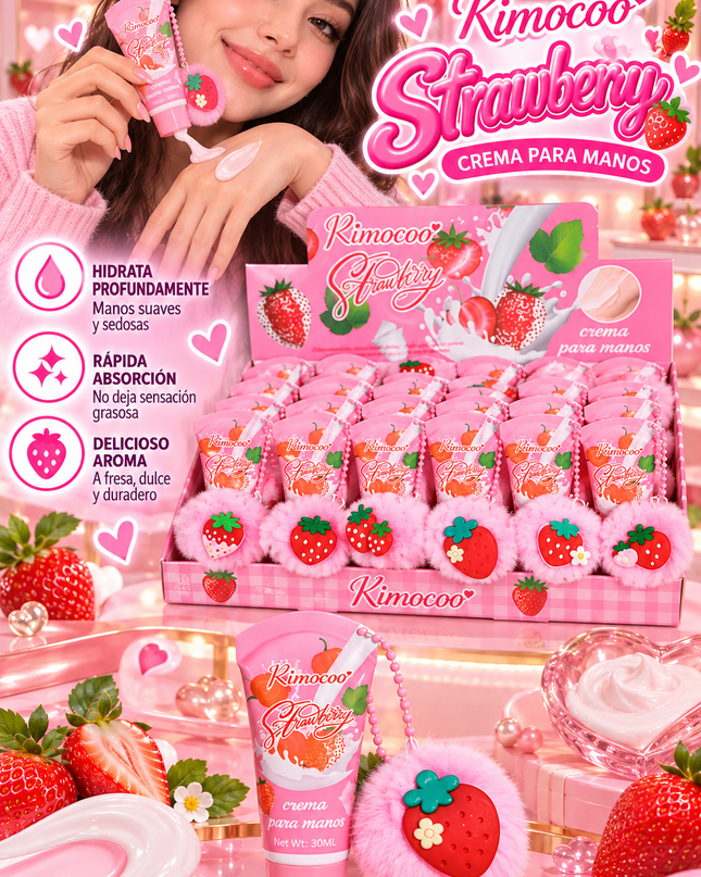 HAND CREAM WITH KEYCHAIN -STRAWBERRY POMPOM -RIMOCOO-24 PCS-Cod (R9129)