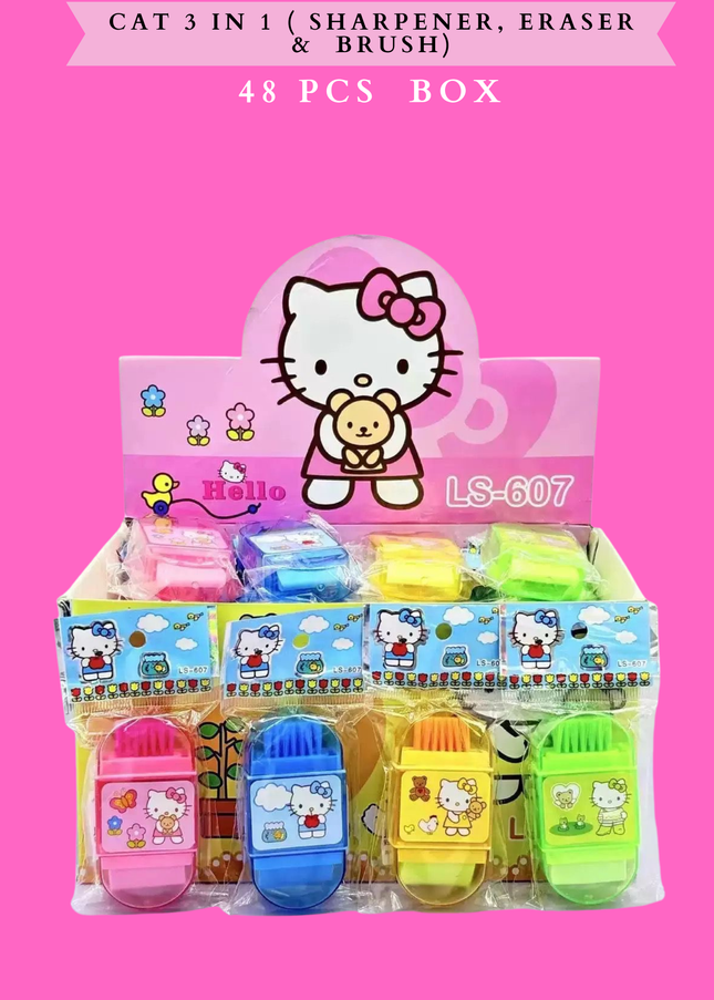 CAT 3 IN 1 ( SHARPENER, ERASER BRUSH) - 48 PCS BOX