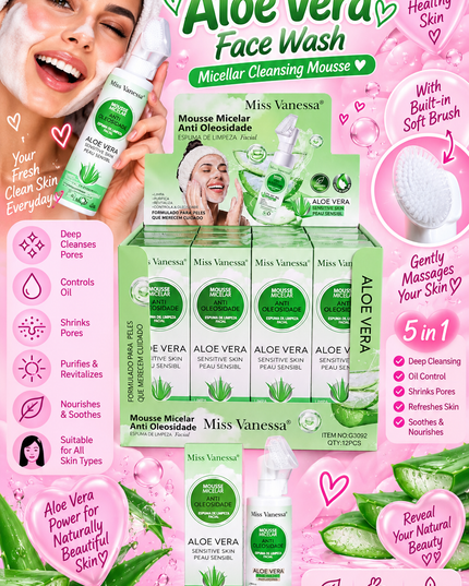 FACIAL WASH- ALOE VERA -MOUSSE MICELAR  -Miss Vanessa-12PCS -G3092 (L44)