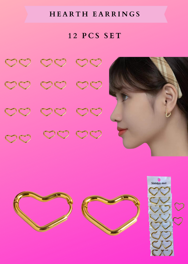 Heart earrings  - 12 PCS SET - stainless steel