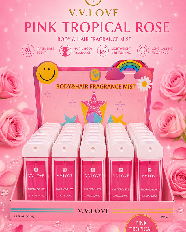 PINK TROPICAL ROSE - BODY & HAIR FRAGRANCE MIST - Vv love ( 40 pcs box ) 80 ml per each