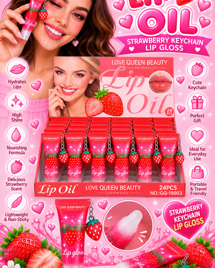 LIP GLOSS -WITH SHIMMER & KEYCHAIN STRAWBERRY -LOVE QUEEN BEAUTY -24 PCS (Cod GQ-19003)
