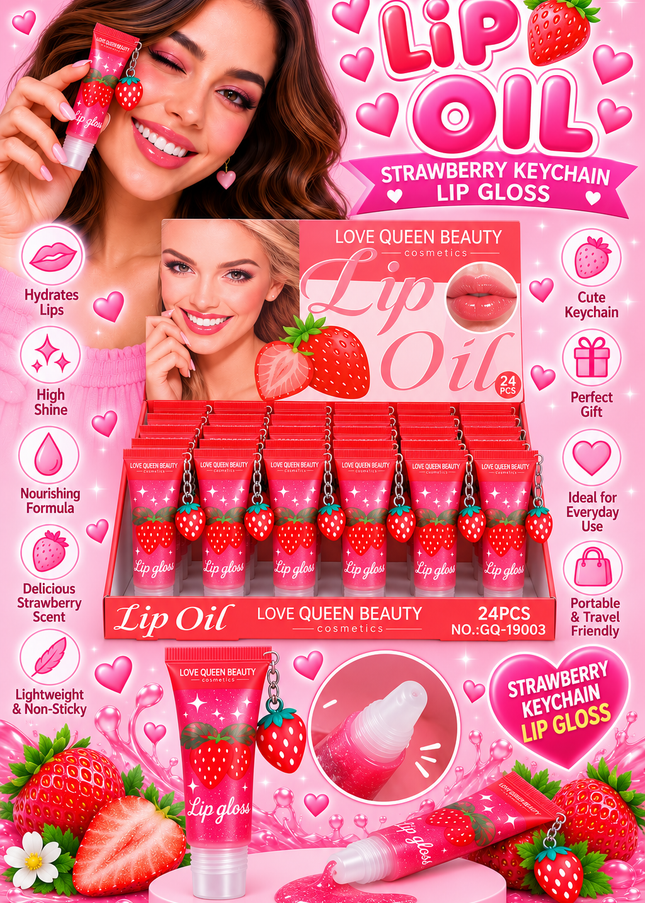 LIP GLOSS -WITH SHIMMER & KEYCHAIN STRAWBERRY -LOVE QUEEN BEAUTY -24 PCS (Cod GQ-19003)