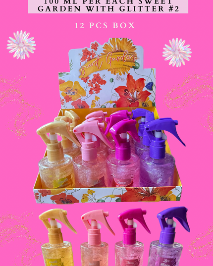 PERFUME FOR HAIR BIG SIZE 100 ML PER EACH SWEET GARDEN WITH GLITTER #2 - (12 PCS BOX)