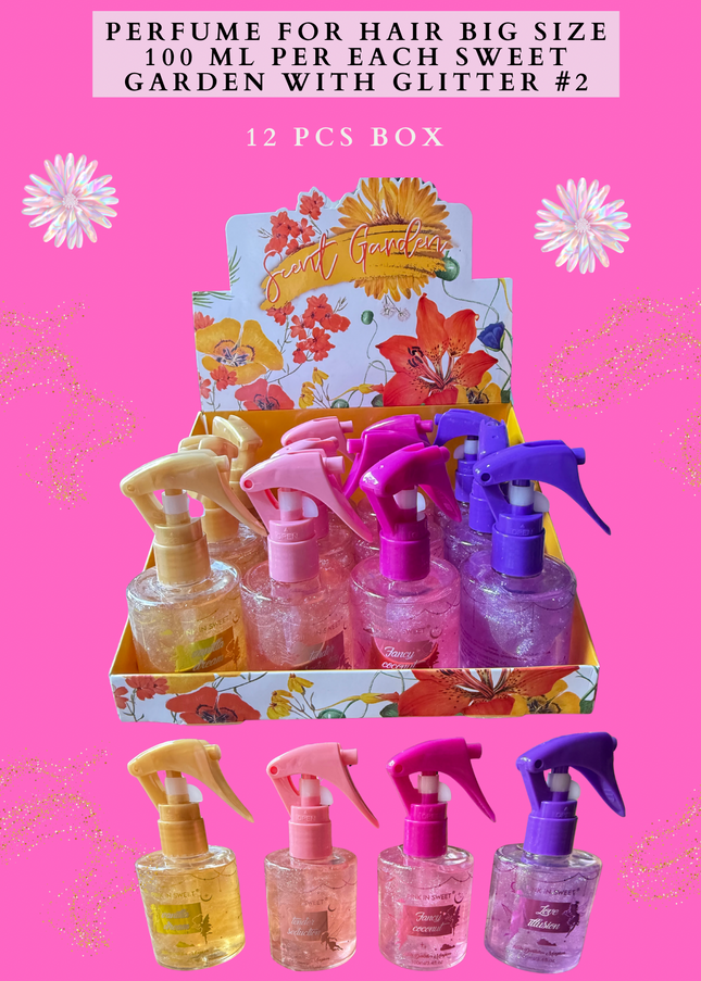 PERFUME FOR HAIR BIG SIZE 100 ML PER EACH SWEET GARDEN WITH GLITTER #2 - (12 PCS BOX)