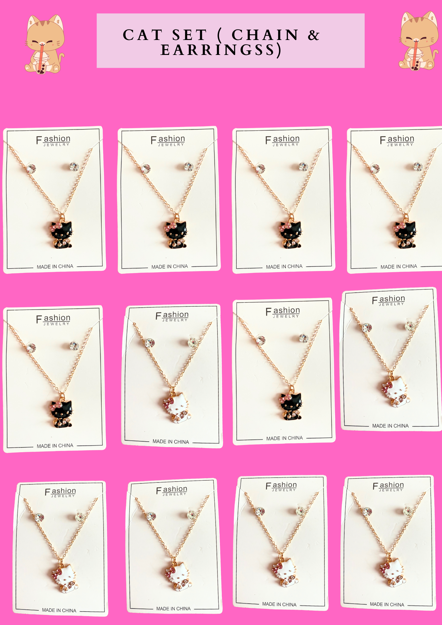 CAT SET - ( CHAIN & EARRINGSS) - 12 pcs set