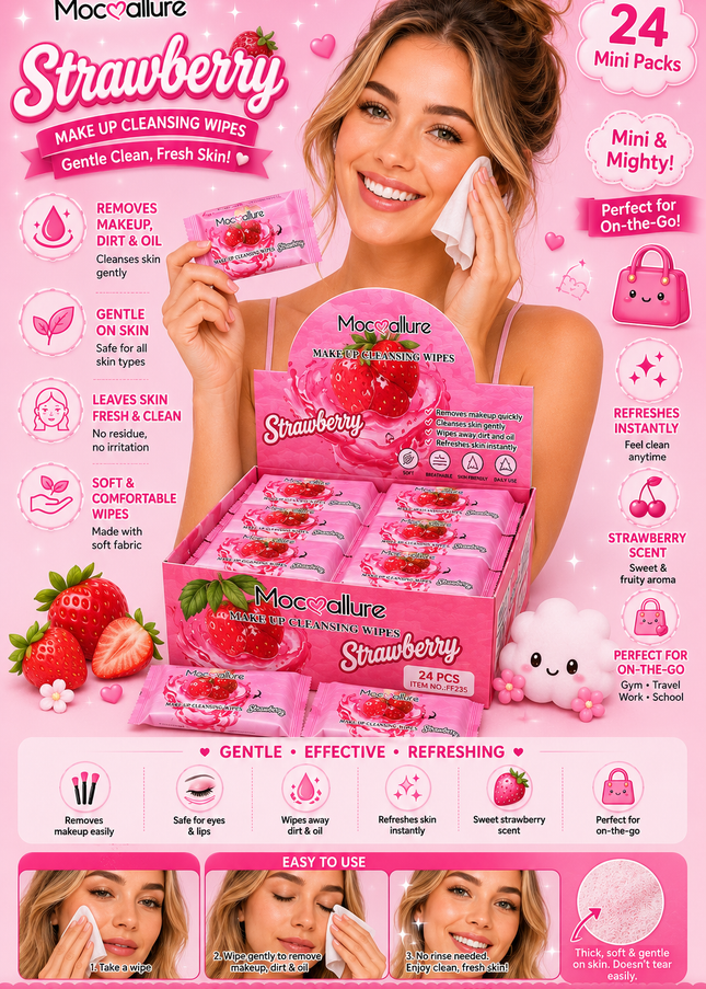 MOCALLURE CLEANSING WIPES  STRAWBERRY#FF235- (makeup remover wipes )24 pcs box