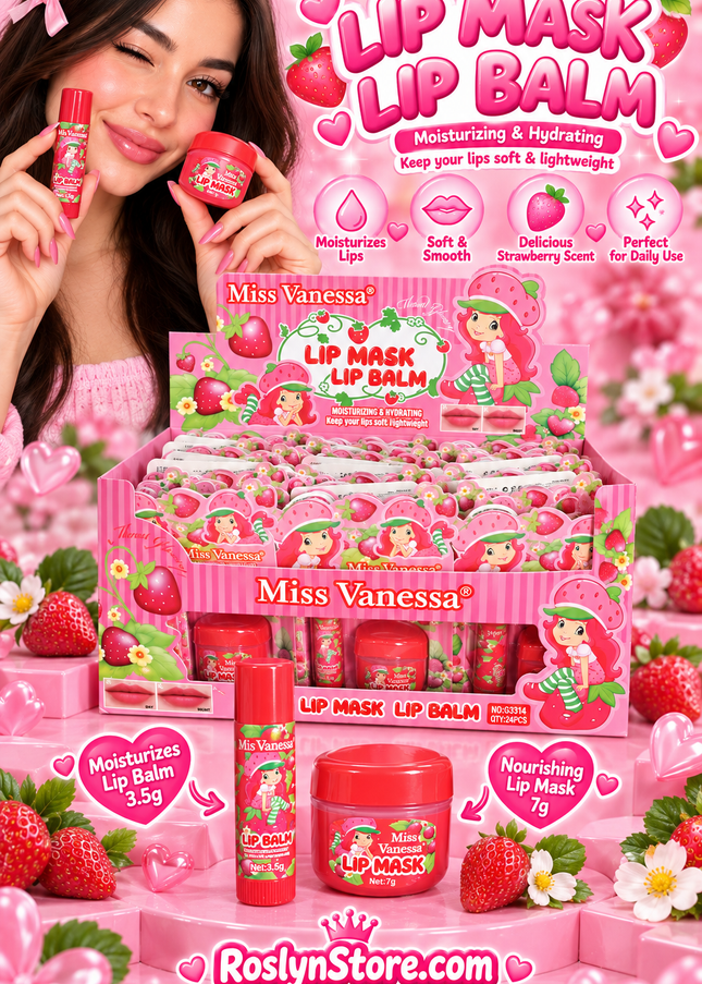 LIP MASK & LIP BALM -STRAWBERRY SHORTCAKE- MISS VANESSA -24PCS-COD (G3314)