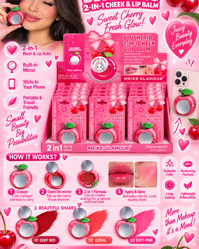 BLUSH-TRIO CHEEK & LIPS -STICK IT TO YOUR PHONE -MEIKE GLAMOUR-CHERRY -24 PCS MK653-(L36)