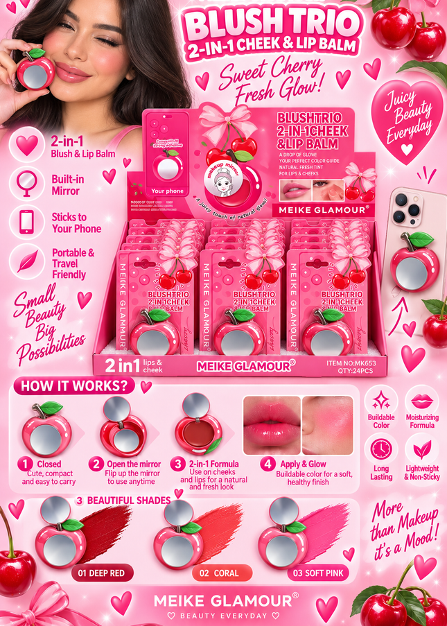 BLUSH-TRIO CHEEK & LIPS -STICK IT TO YOUR PHONE -MEIKE GLAMOUR-CHERRY -24 PCS MK653-(L36)