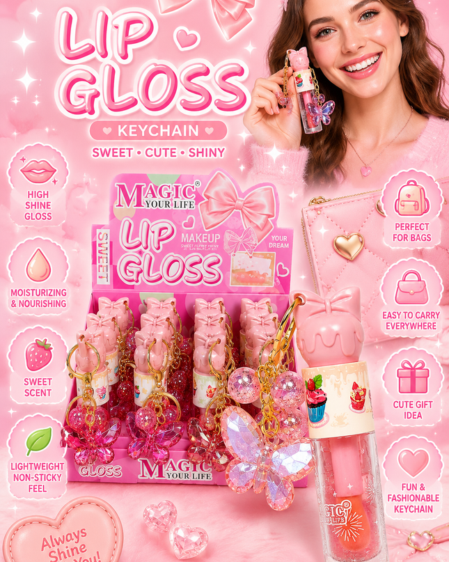 LIPGLOSS BUTTERFLY WITH KEYCHAIN - MAGIC YOUR LIFE-  12 pcs box #2667