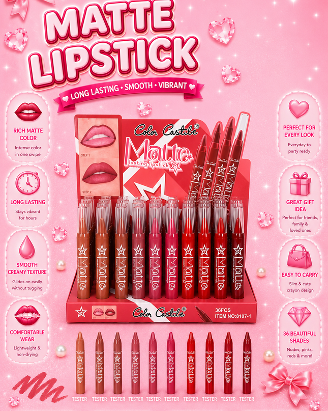 MATTE LIPSTICK COLOR CASTLE #8107- 36 pcs box