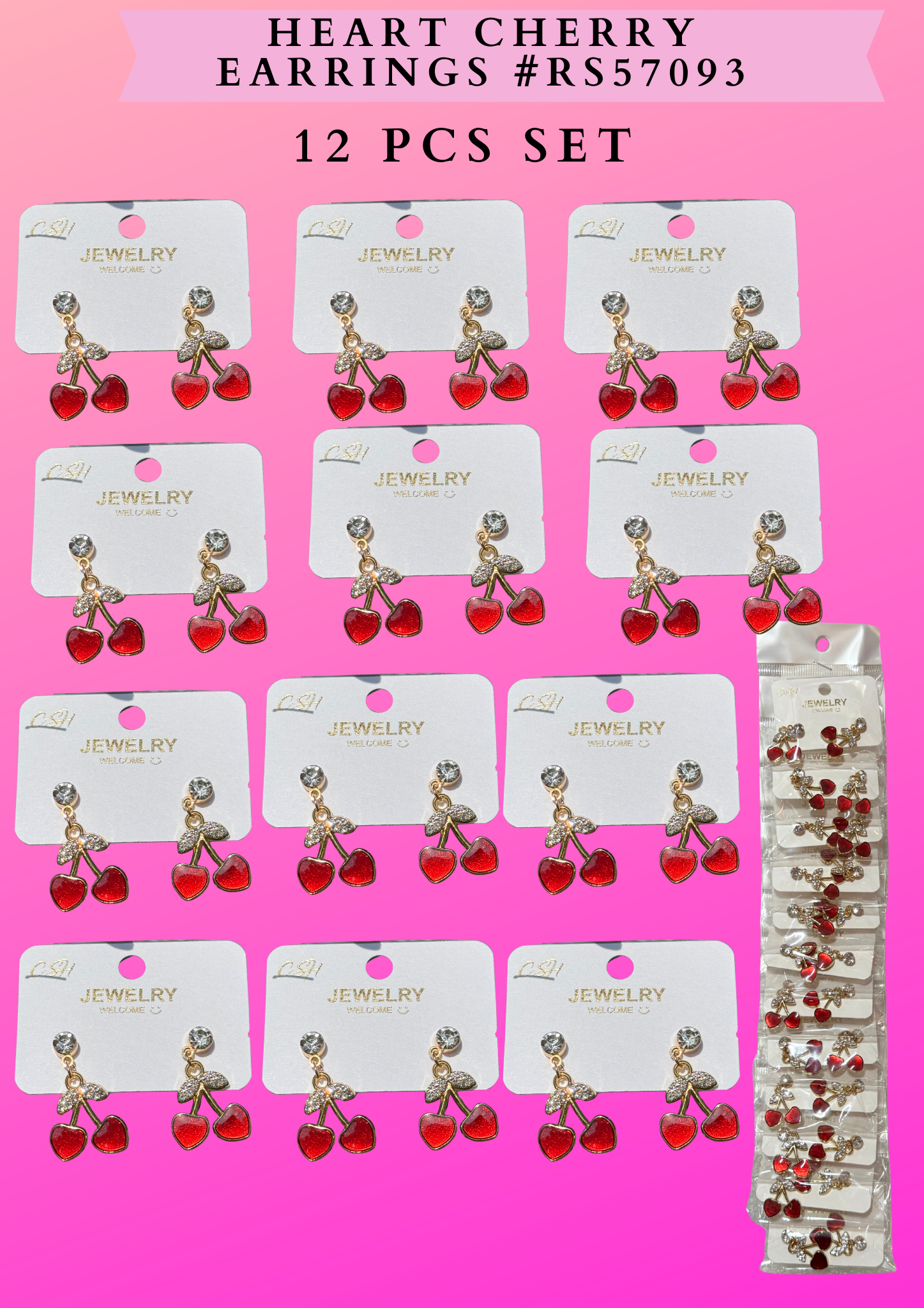 HEART CHERRY EARRINGS #RS57093-  12 PCS SET