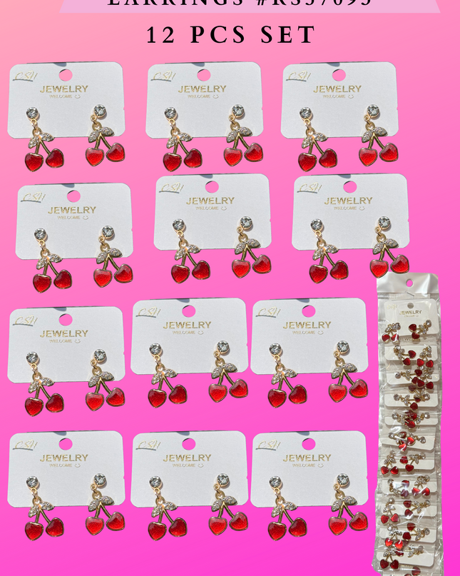 HEART CHERRY EARRINGS #RS57093-  12 PCS SET