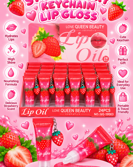 LIP GLOSS -WITH SHIMMER & KEYCHAIN STRAWBERRY -LOVE QUEEN BEAUTY -24 PCS (Cod GQ-19003)