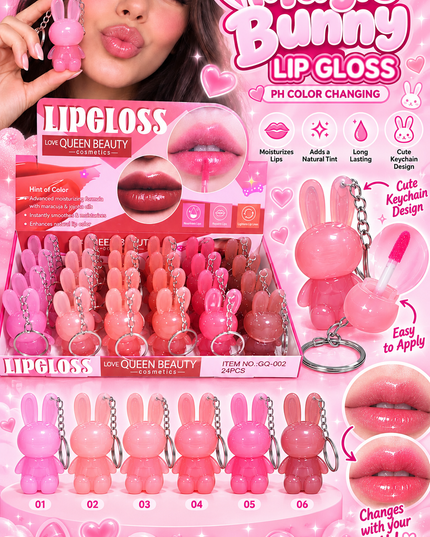 MAGIC LIPGLOSS Bunny WITH KEYCHAIN  LOVE QUEEN BEAUTY( 24 PCS BOX) (COD GQ-002)