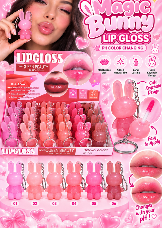 MAGIC LIPGLOSS Bunny WITH KEYCHAIN  LOVE QUEEN BEAUTY( 24 PCS BOX) (COD GQ-002)