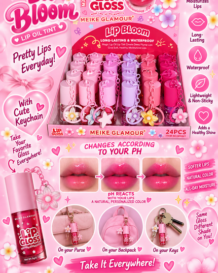 MAGIC LIP GLOSS- LIP BLOOM -MEIKE GLAMOUR  KEYCHAIN -24 PCS-L30 -MK641