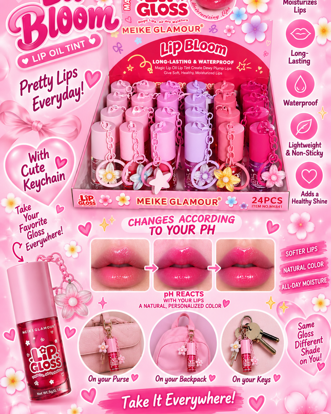 MAGIC LIP GLOSS- LIP BLOOM -MEIKE GLAMOUR  KEYCHAIN -24 PCS-L30 -MK641