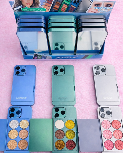 CELLPHONE EYESHADOW PALETTE WITH MIRROR ( highlighter, blush &  glitter (12 pcs box)
