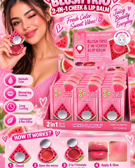 BLUSH-TRIO CHEEK & LIPS -STICK IT TO YOUR PHONE -MEIKE GLAMOUR-WATERMELON -24 PCS -MK652-(L38)
