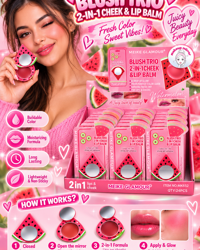 BLUSH-TRIO CHEEK & LIPS -STICK IT TO YOUR PHONE -MEIKE GLAMOUR-WATERMELON -24 PCS -MK652-(L38)