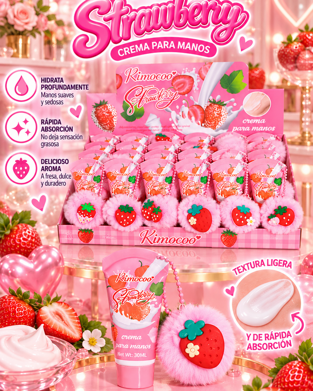 HAND CREAM WITH KEYCHAIN -STRAWBERRY POMPOM -RIMOCOO-24 PCS-Cod (R9129)